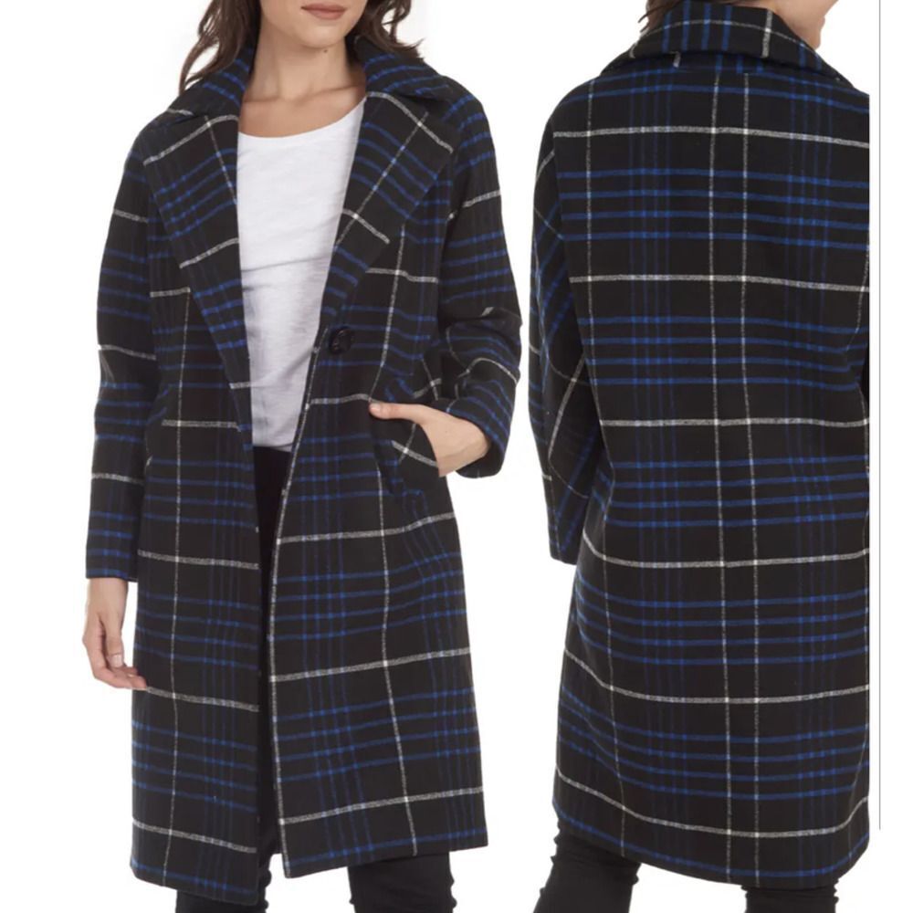 Rachel Roy Windowpane Knee Length Plaid Coat Black & Cobalt OverCoat Blue Sz M